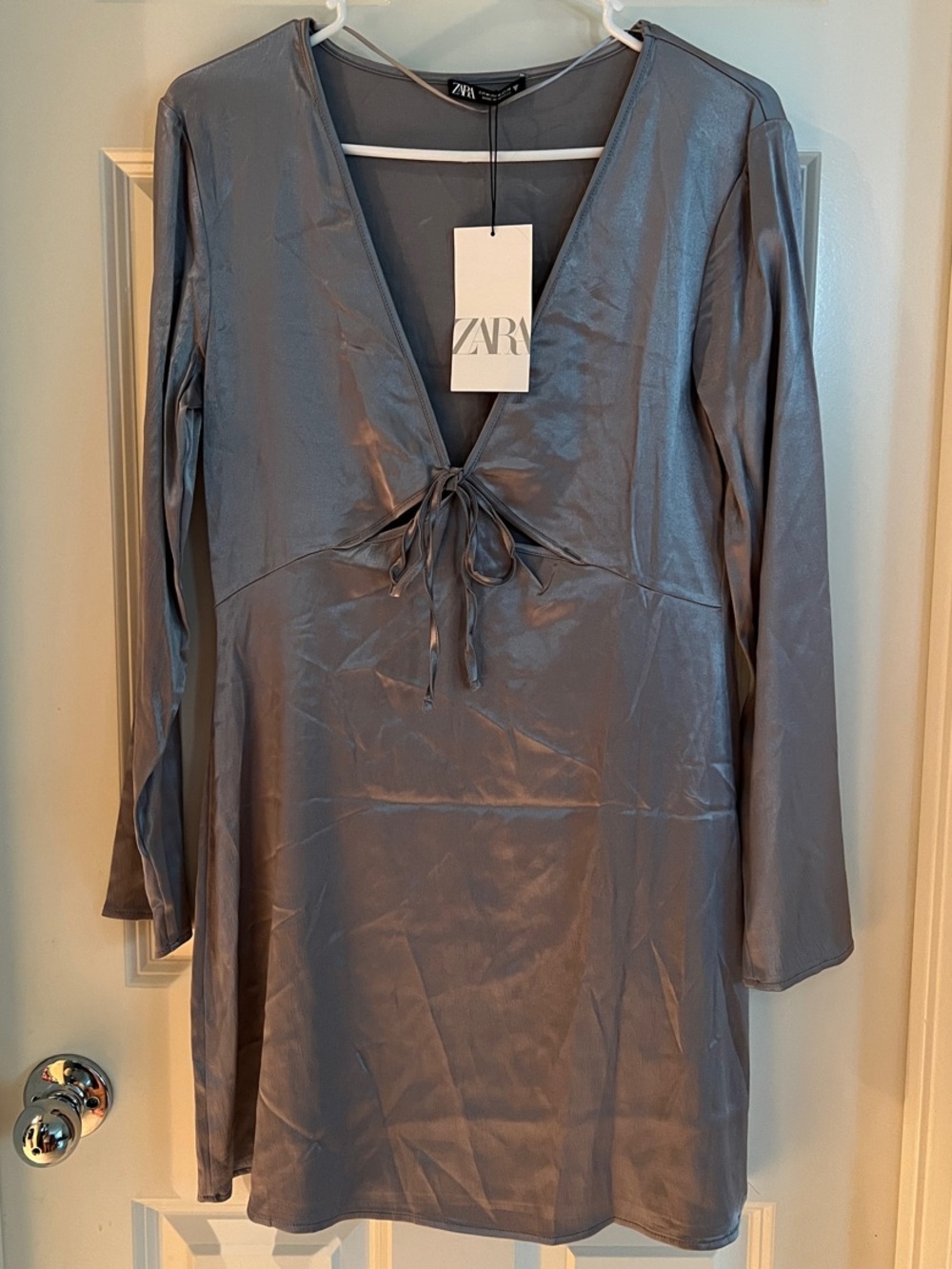 Zara Metallic Slate Tie-Front V-Neck Mini Dress
